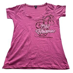 7th Heaven Womens Pink Graphic Tee V-Neck Rhinestone Accents Signed by Band - L